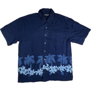 Common Man Silk Hawaiian Shirt Men Large Navy Blue Palm Tree Tropical Resortwear